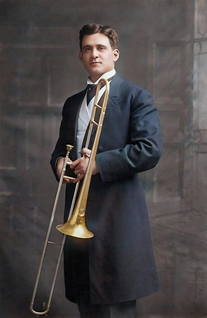 Homer Rodeheaver with trombone 1908